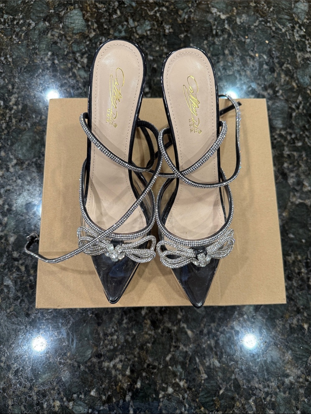 Black Rhinestone Lace-Up Platform Heels - Picture 2 of 4